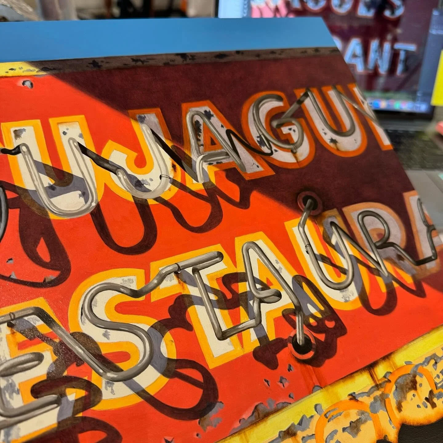 🎨 piece number two in the set of commissions—lining up those shadows to the other paintings. I think this is gonna work!
#kellietalbot #oilpainting #neon #realism #art #vintageneonsigns #tujagues #neworleans