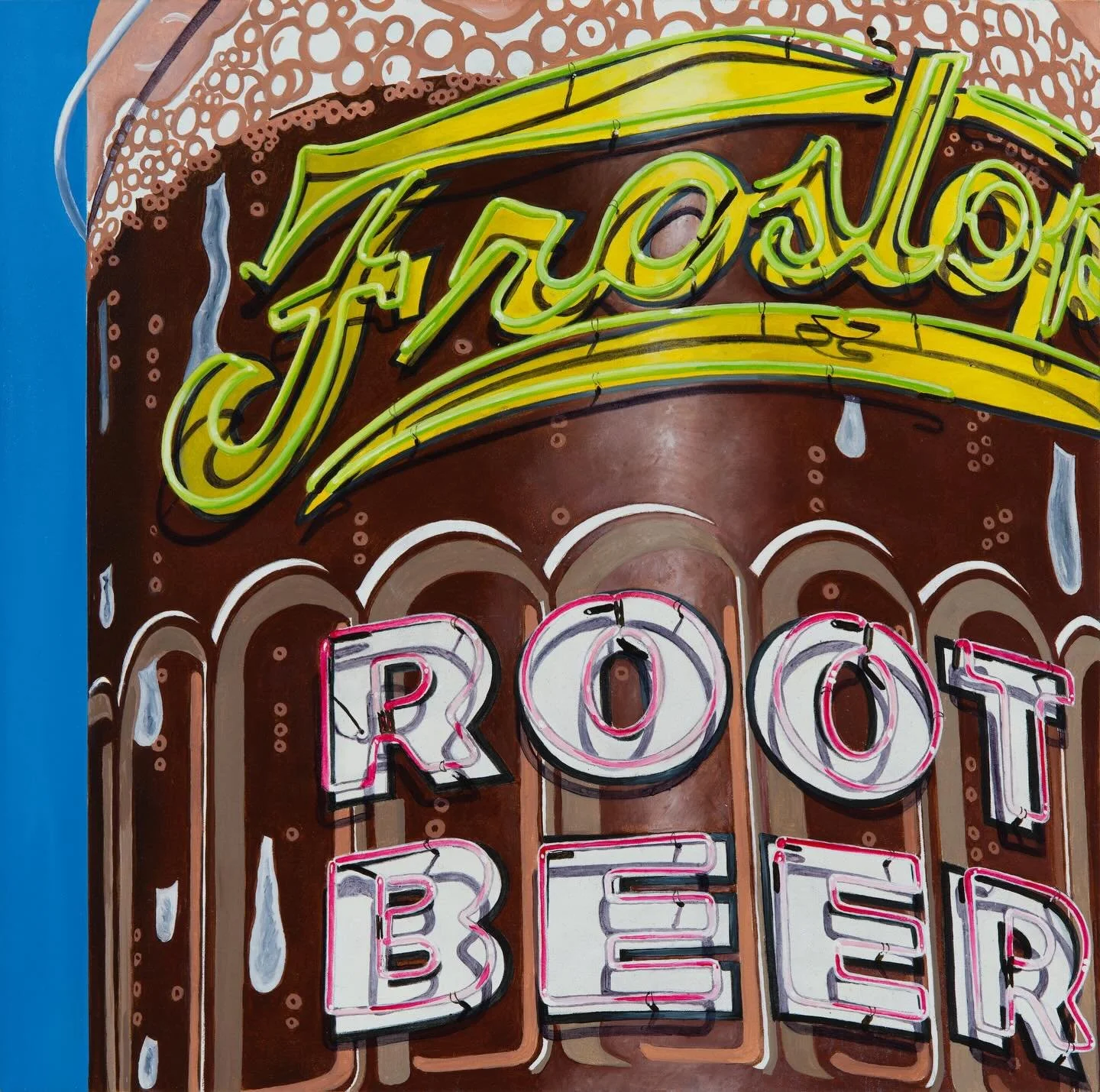 My painting of Ted&rsquo;s Frostop. Just heard the news that it is slated to become Tulane housing. 

Thoughts on the illustration &lsquo;blending&rsquo; these two types of architecture?

Images 2,3, and 4 from @nolanews 

#kellietalbot #vintageneons