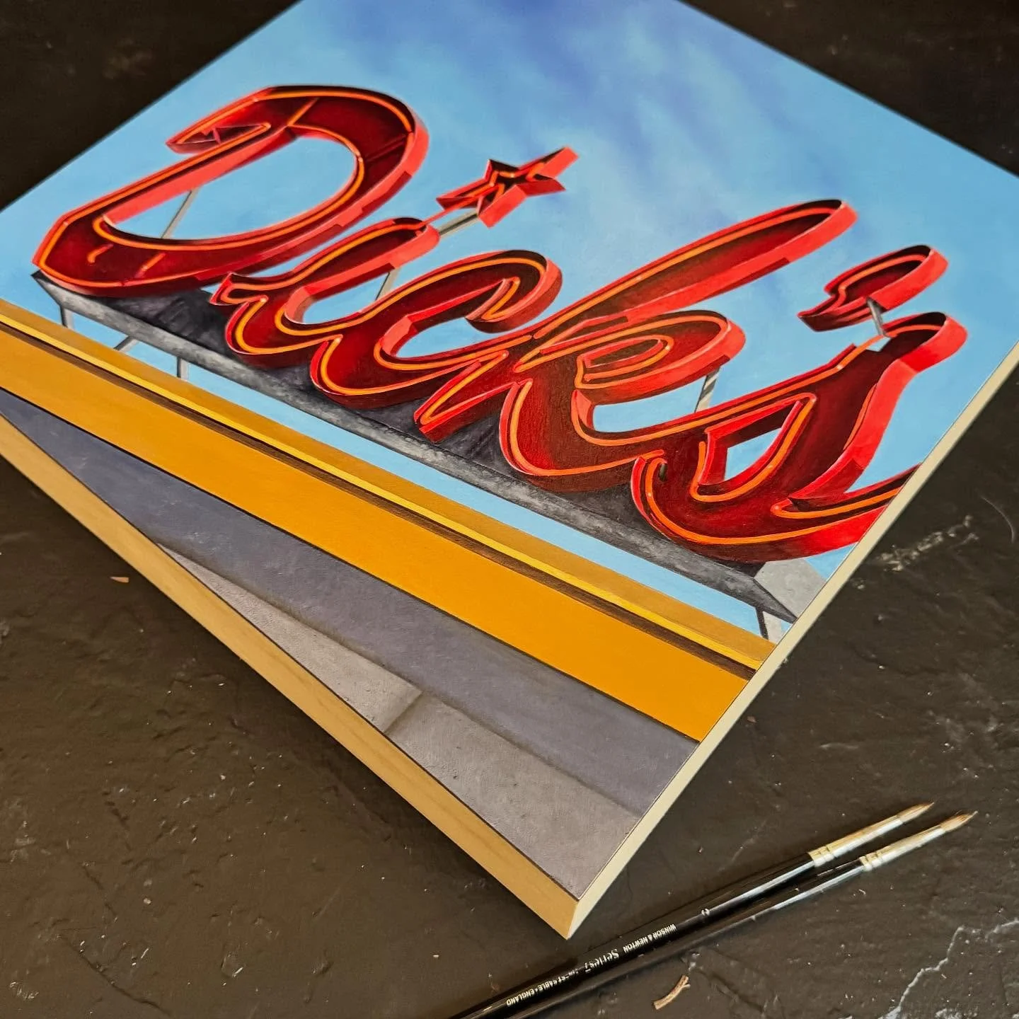 Happy National neon sign day! November 9th commemorates the first public display of neon in Paris in 1910. It was later introduced to the US in 1923. 

DICK&rsquo;S / oil on panel/ commission 

#kellietalbot #oilpainting #neon #art #vintageneonsigns 
