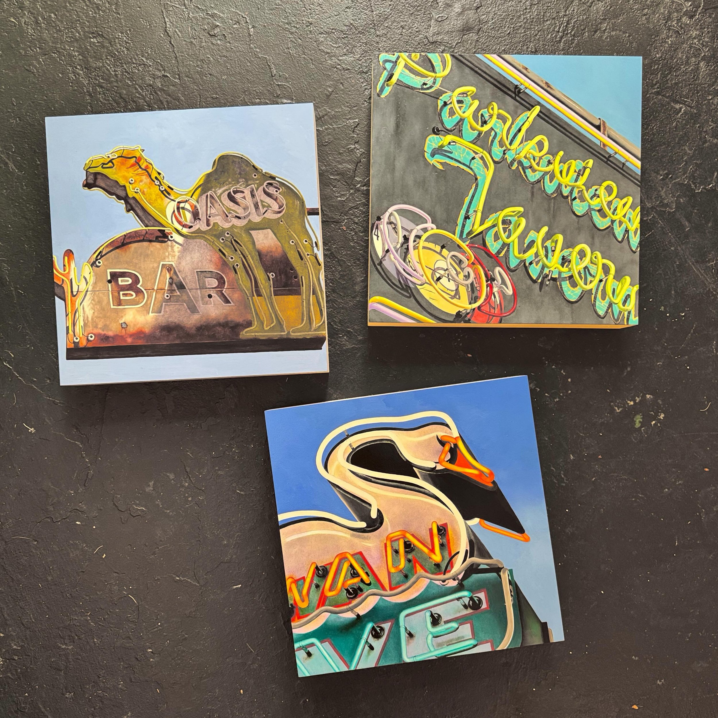 🎨 fresh off the easel&mdash;new 12&rdquo;x12&rdquo;s delivered to @coleprattgallery 

#kellietalbot #oilpainting #vintageneonsigns