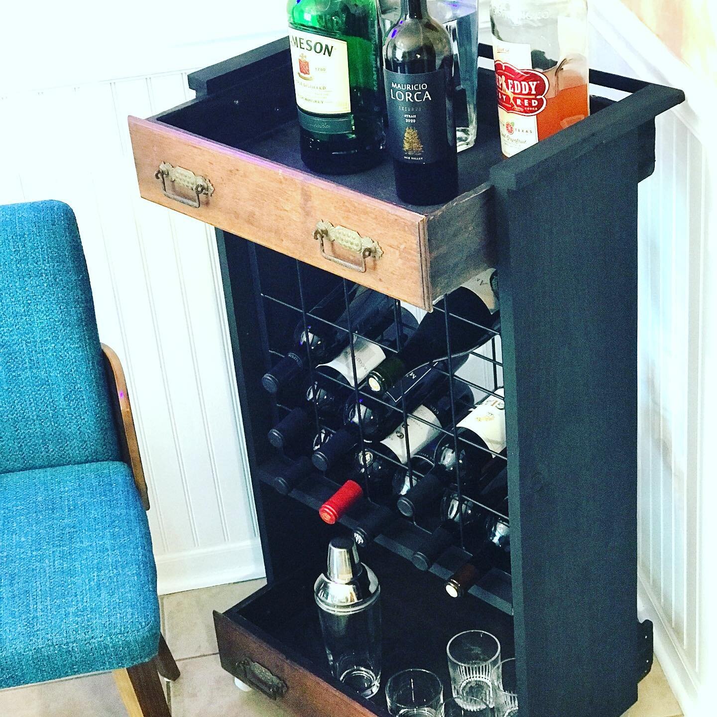 Saturday&rsquo;s organized hoarder-project:bar cart from old drawers salvaged from Maine dump, Brandon&rdquo;s move-in wine rack and leftover wood from the storage. Finnish brutalism :-)#veerapfaffli