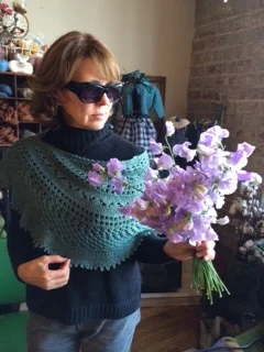 "Summer Flies" Knit Shawl, Sweet Peas and Sunglasses