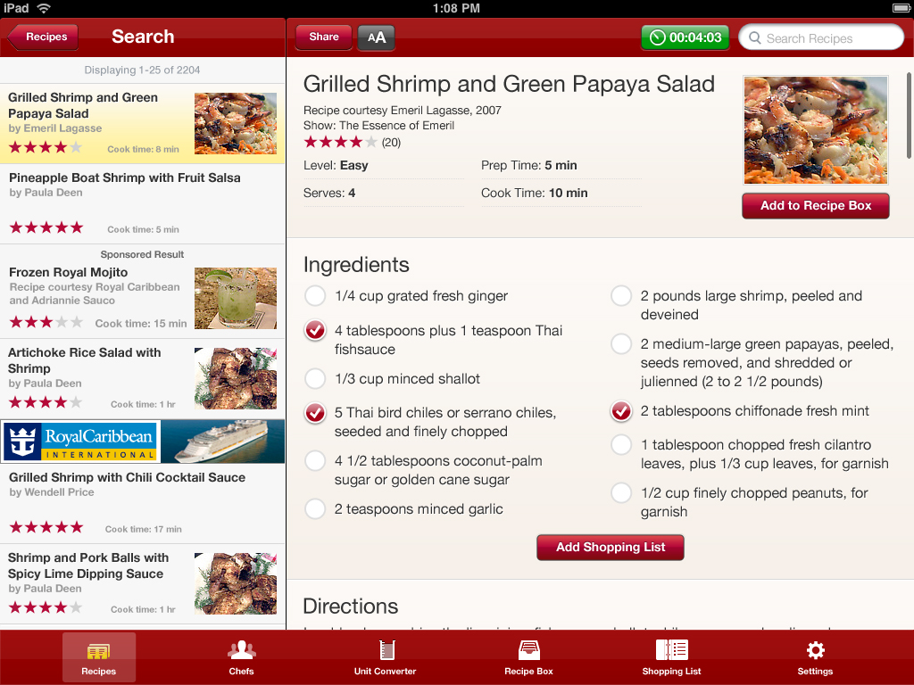 Recipes included recipe box and shopping list features that synced across iPad, iPhone and website.