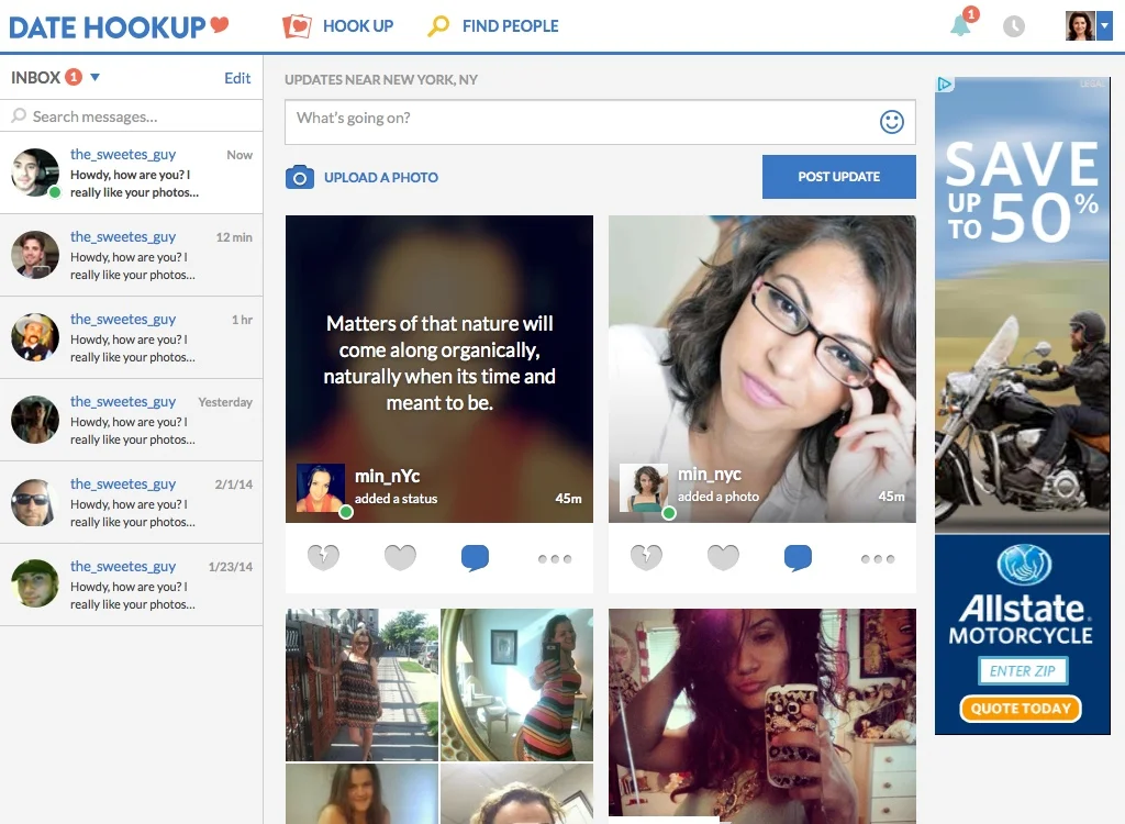 The localized activity feed highlights that DateHookup has a lot of active users (especially in larger markets) and helps to showcase their personality. The goal is help users find new things to talk about with potential dates and make communication more open.
