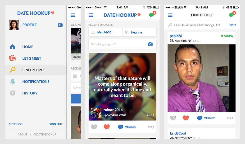 Main navigation, activity feed and search results. 