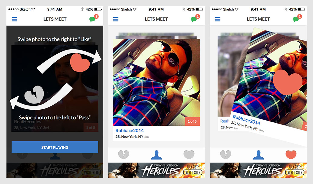 The swipe 'game' isn't new to dating apps, but we designed instructions specifically for DateHookup because our users hadn’t seen the concept before. We also added the ability to cycle through a user’s photos simply by tapping the screen, so users didn’t have to “dig deeper” if they wanted to see more. 