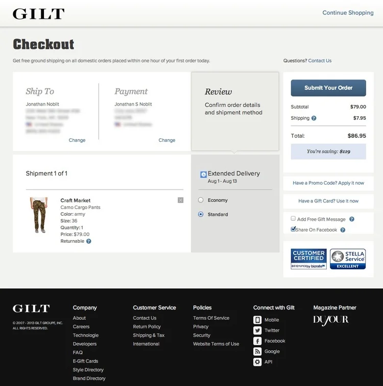 Good deals can disappear fast, so when users find something the love, checkout should not stand in their way. Additionally, customer support informed us that the previous version of check out was leading to a lot of packages sent to the wrong address which frustrates users and costs the company money. We addressed this by offering a 1-click checkout and positioning the shipping and billing information prominently on the page.
