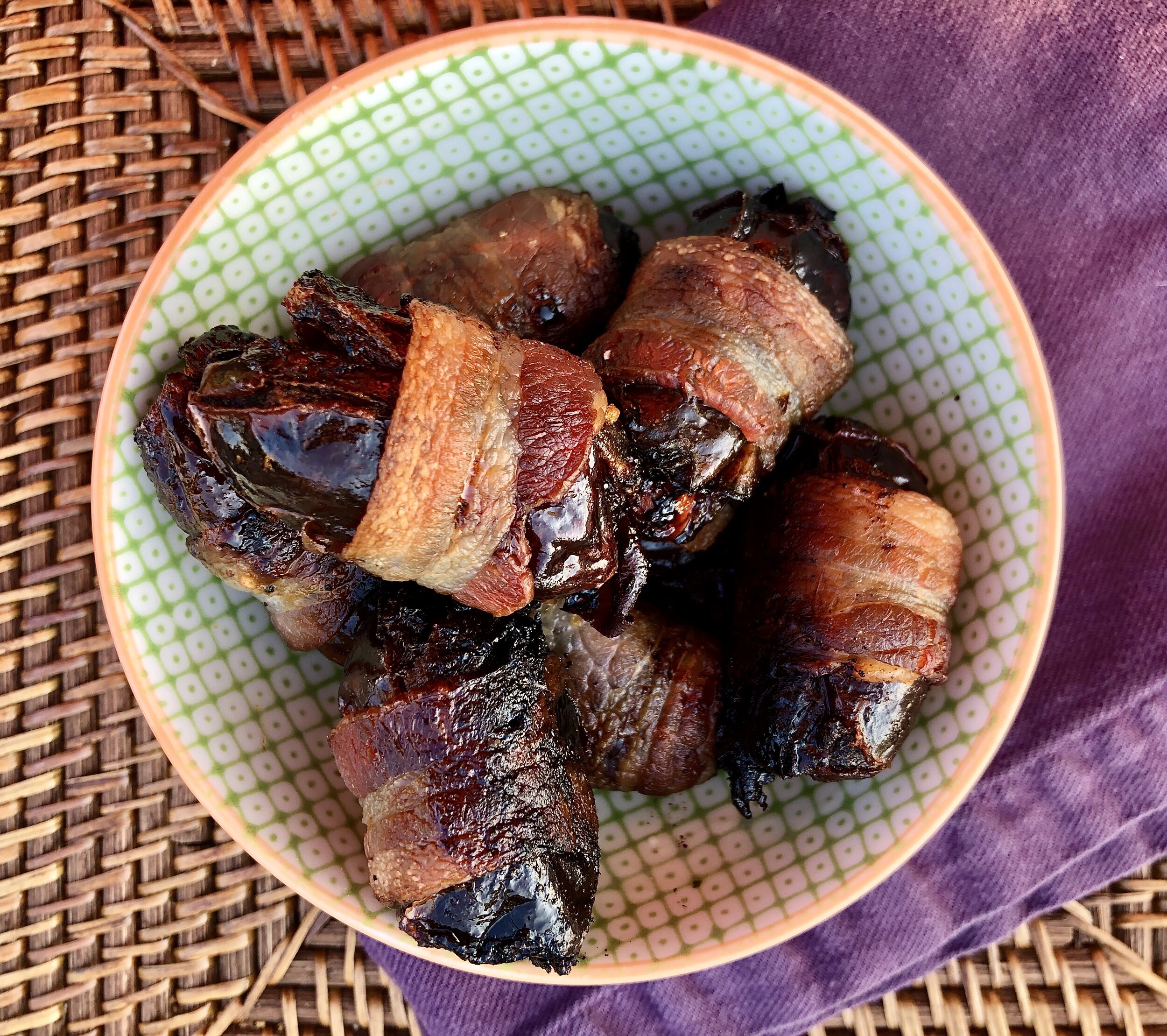 .Bacon-wrapped dates stuffed with blue cheese and smoked almonds