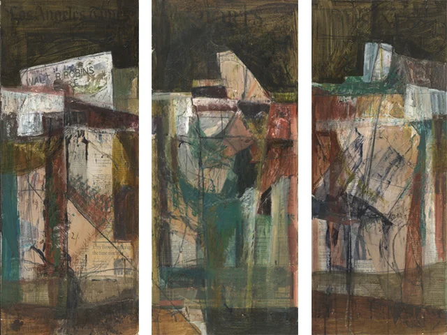 "Lay Lines" untitled tryptch #2 mixed media acrylic on panel 12 inches x 24 inches each 