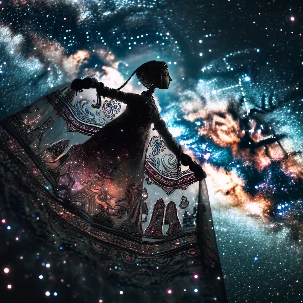 DALL·E 2024-03-28 17.50.51 - Visualize an aerial view of an Ottoman shadow puppet, crafted in the likeness of a young girl, elegantly swimming through a celestial sea of stars at .jpg