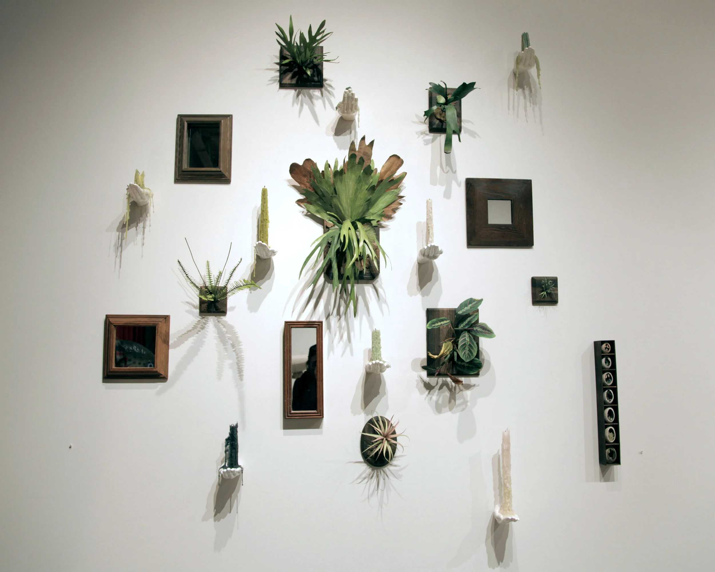 "FALSE LIVING WALL" watercolored paper plants, printed wood, porcelain, mirrors, wax 2012