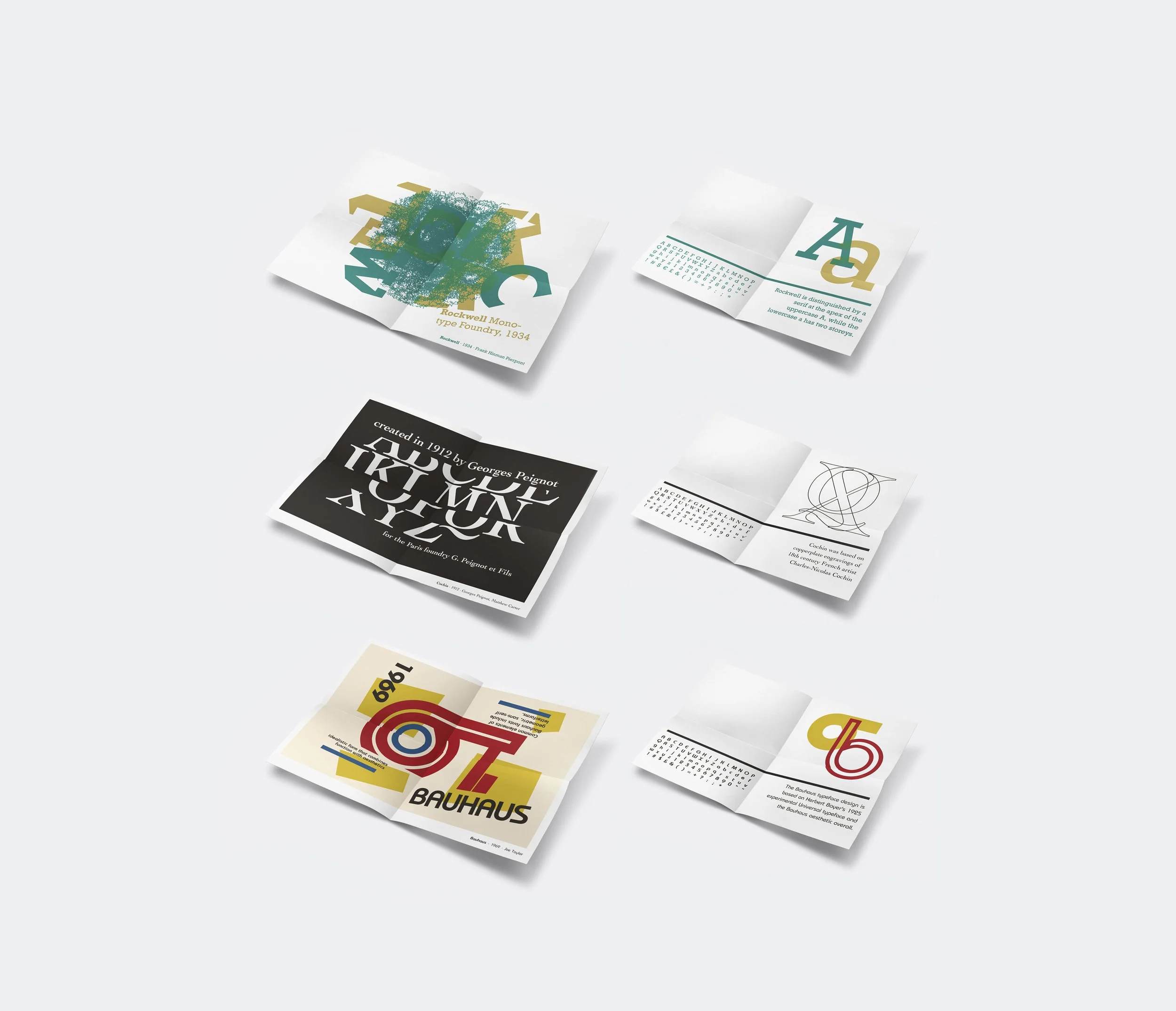  [ 4-fold info sheet/poster for Rockwell, Cochin and Bauhaus.  Part of a series for use as a simple visual tool for font selection ]     Concept, Illustration &amp; design  