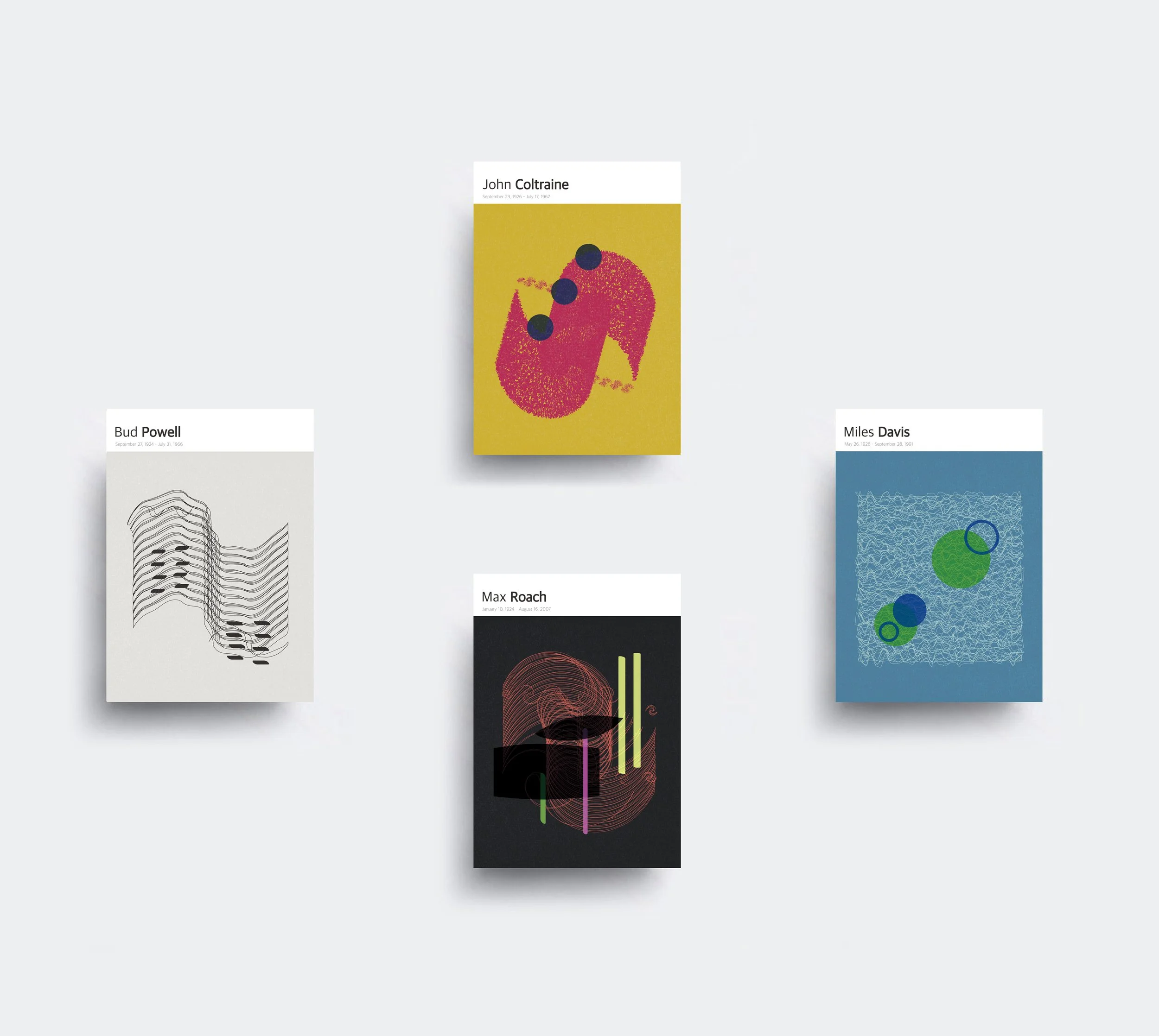  [ Illustrated posters created for Jazz Giants John Coltraine, Bud Powell, Miles Davis and Max Roach.  Abstract approach reminiscent to early 50s and 60s albums from the period that inspired me for this series - illustration &amp; design ]     Concep