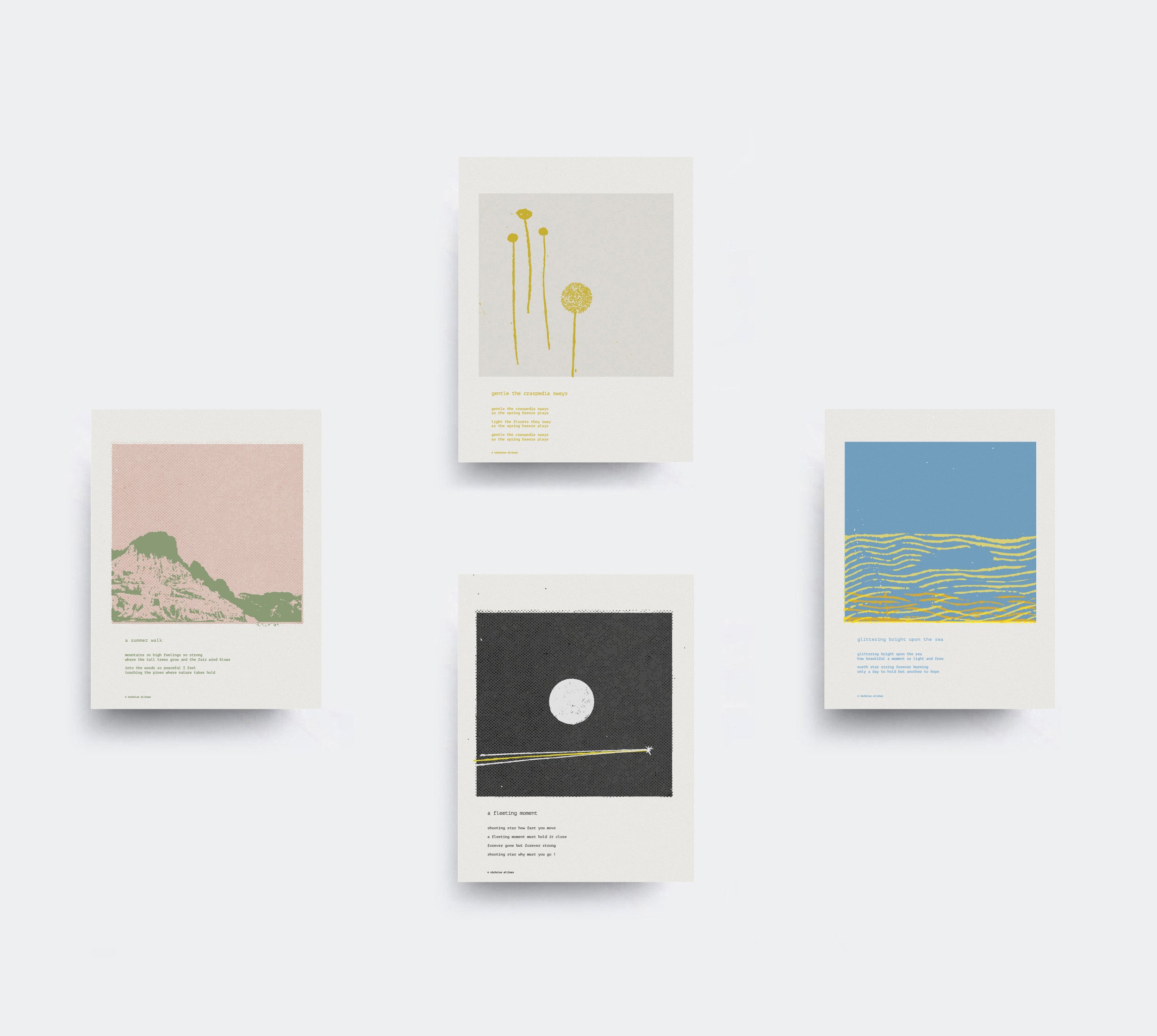  [ Short poems with illustrations based around nature ]   Concept, poetry, photography, Illustration &amp; design     Below is a short poem sample-       a summer walk          mountains so high feelings so strong     where the tall trees grow and th