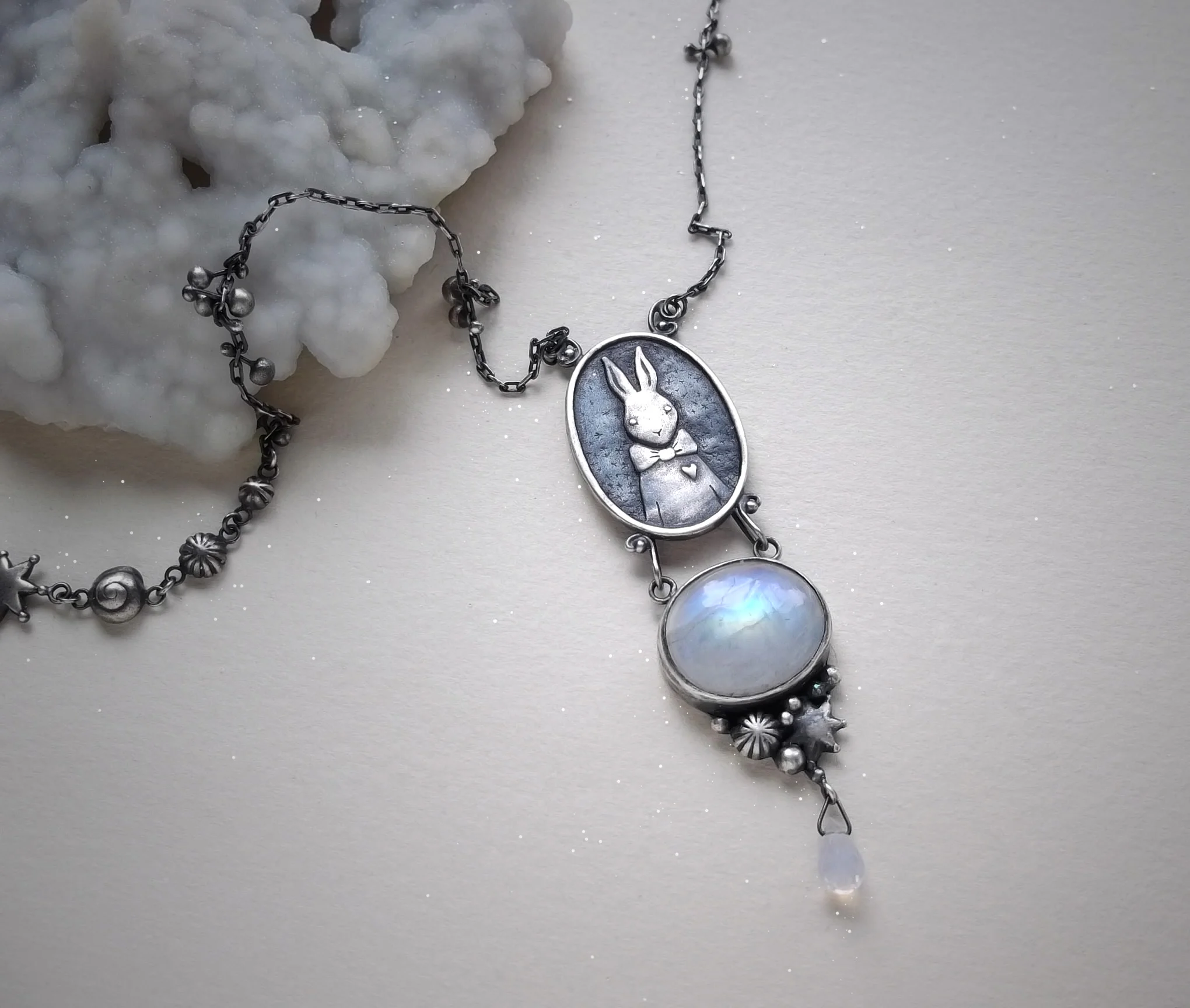 Rabbit Necklace Sterling silver, moonstone and lavender quartz
