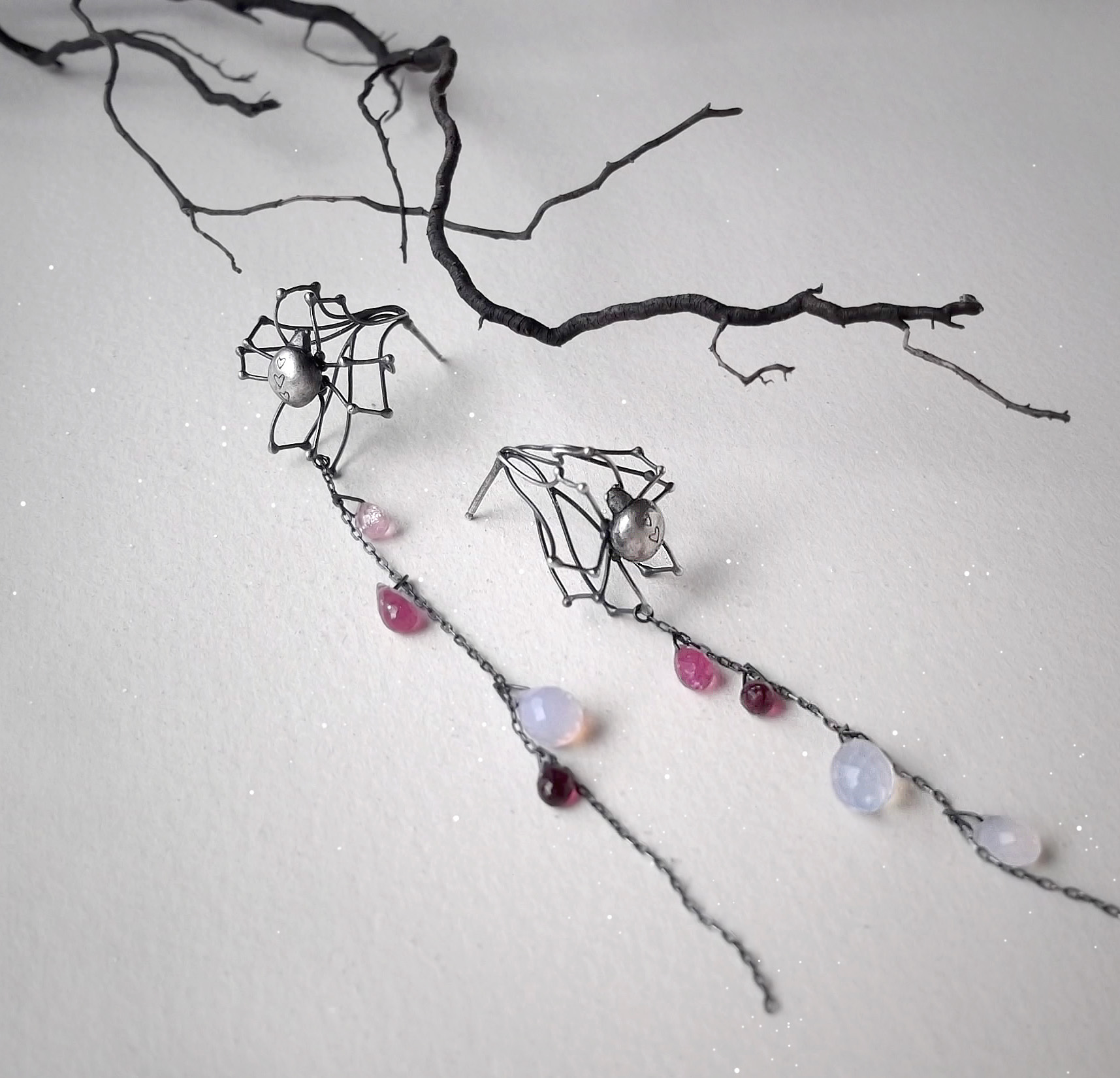 Spider Earrings Sterling silver, garnet, lavender quartz and tourmaline