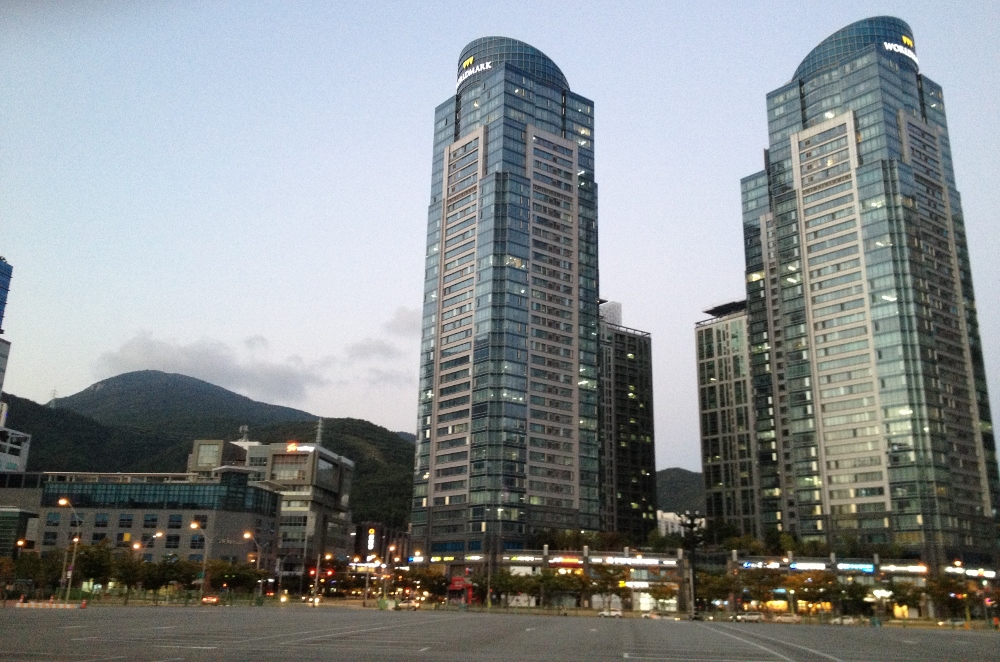  A good idea of what Busan is like; the large modern buildings of Centum City backed by picturesque green hills 