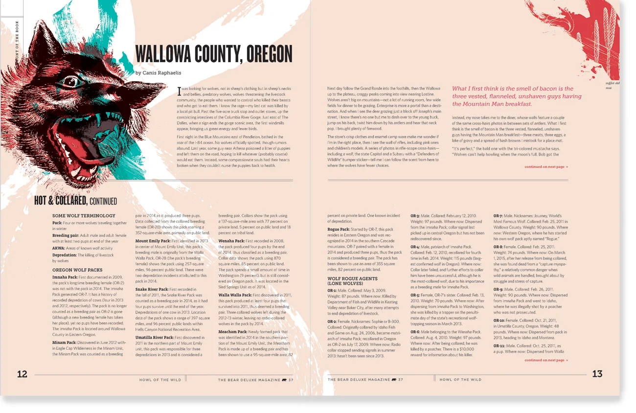 In our "Howl of the Wild" issue, I designed our front of the book section with some lesser-known wolves, including this creature that came up when I searched for "wolf bat." Spread featuring remixed images from the New York Public Library's newly released collection for creative commons use.