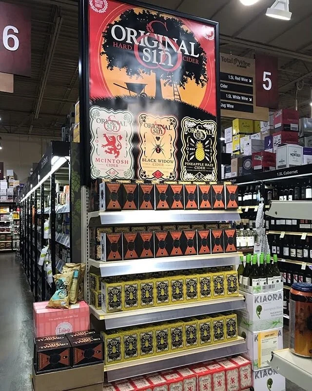 A display of Original Sin @totalwine North Carolina!! Thanks Total Wine and More for the support!! #hardcider #cider #originalsin #freshlypressedapples #originalsincider #blackwidow #mcintoshcider #pineapplehaze #pickcider
