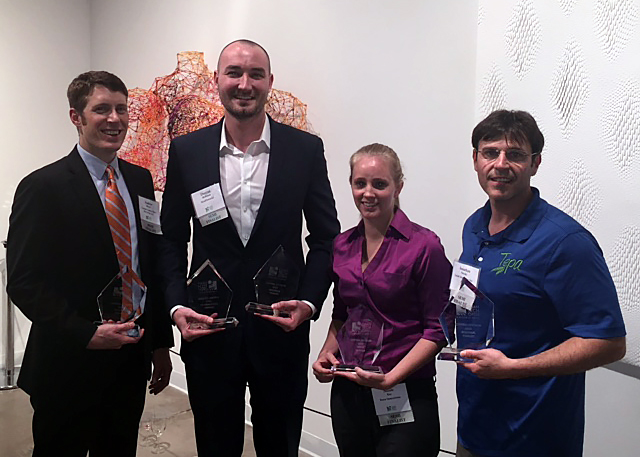 The 2015 Region Winners (left to right): Andrew Maxey from Vartega Carbon Fiber Recycling Duncan Hoffman from NextPotential which is also the Sustainability Winner Nicole Ray from Rayn Innovations , the WOW Award Winner Jonathan Netzky from Tepa