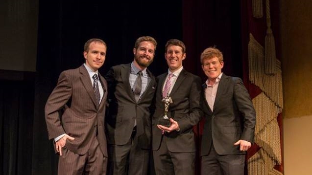 Vartega (from left to right: Sean Kline, Mark Williams, & Andrew Maxey) receiving the Emerging Technology award from Holmes Hummel (Cleantech Open National Board of Directors)