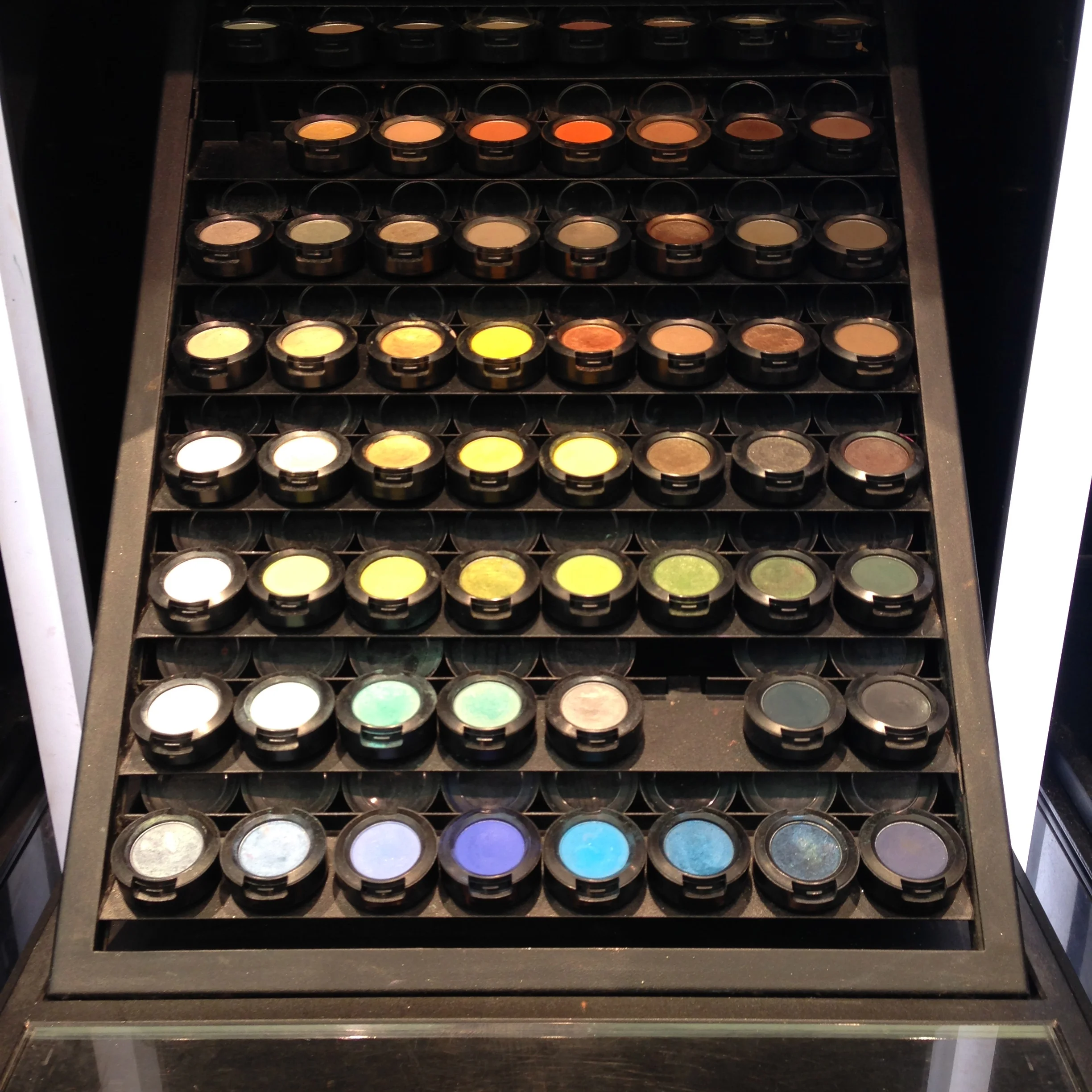 Seen at MAC. Cosmetics are one of those shopping paradoxes to me. I can spend a lot of time poring over the packaging, glitter content, palette combinations, pigment intensity and clever display stands and then walk away empty handed. I admire cosmetics, I hardly use them.