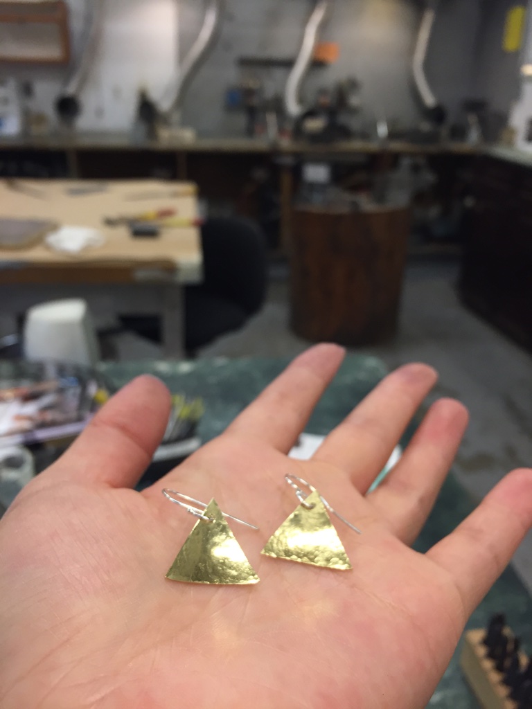 Little triangle brass earrings with sterling silver ear wire