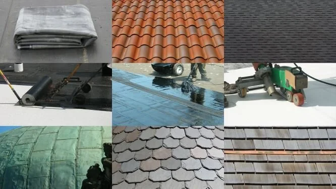 EPDM rubber, metal tiles, asphalt shingles, modified bitumen, asphalt BUR, PVC, copper panels, roofing slates, and cedar shingles.