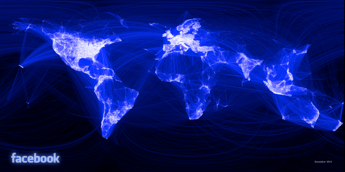 La imagen representa las conexiones entre 10 millones de usuarios de Facebook. Como puede apreciarse, China y Ruisa no presentan muchas conexiones debido a que en China y Rusia utilizan servicios distintos a Facebook. La visualización de estos datos fue obtenida de http://www.customerintelligence360.com/5-absolutely-stunning-big-data-visualizations/