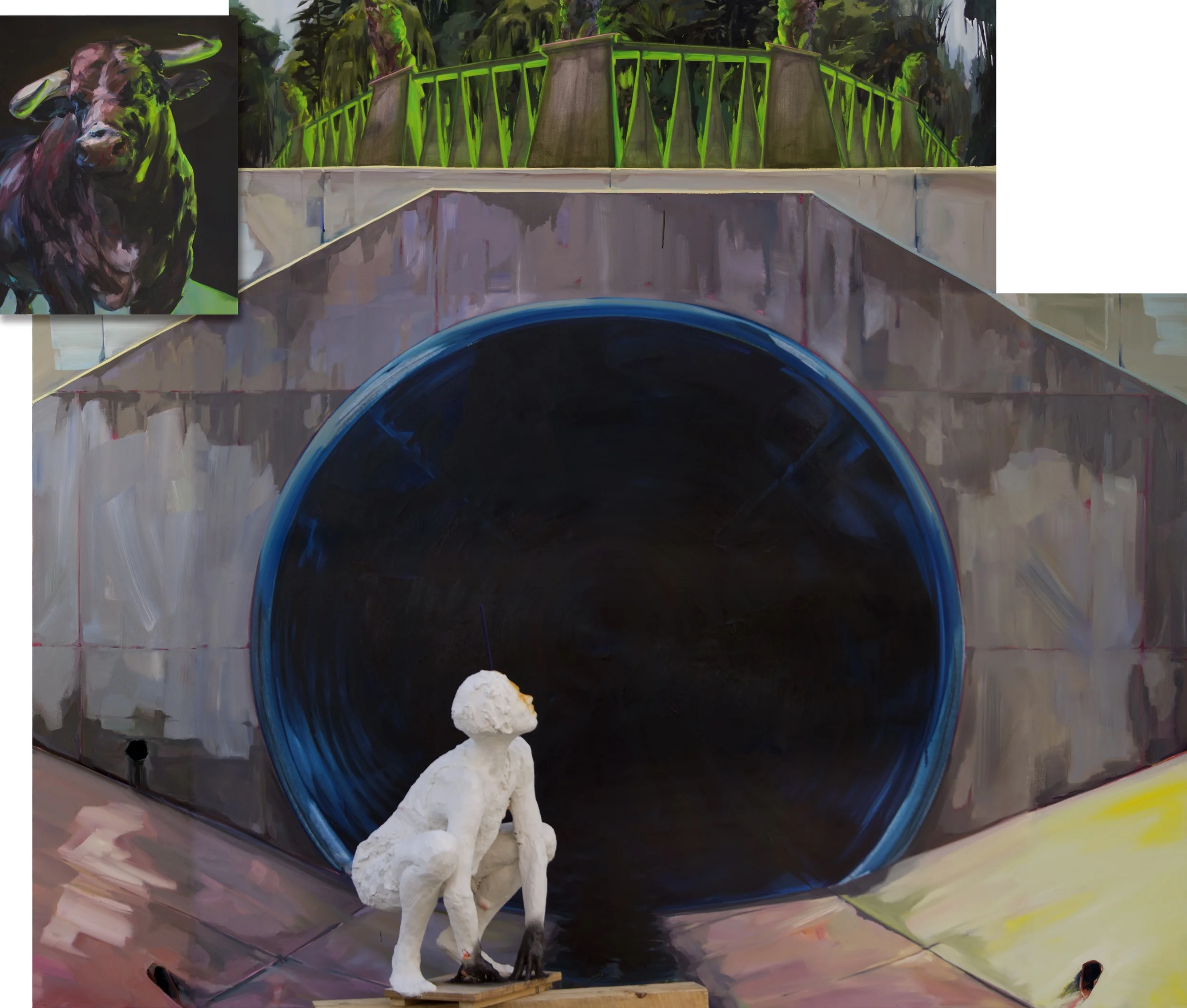  GILLIAN ILES A combination of nerve and wit , 2013 Installation of painting and sculpture Oil and acrylic on 5 panels, mixed media sculpture. 108 x 116 x 48 inches