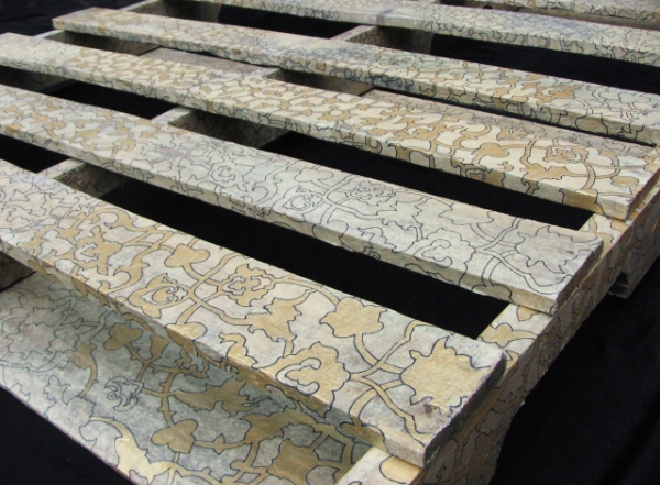SOHEILA K. ESFAHANI Cultured Pallets: TO (detail), 2014. Mixed media on wooden shipping pallets, 96 x 120 inches.