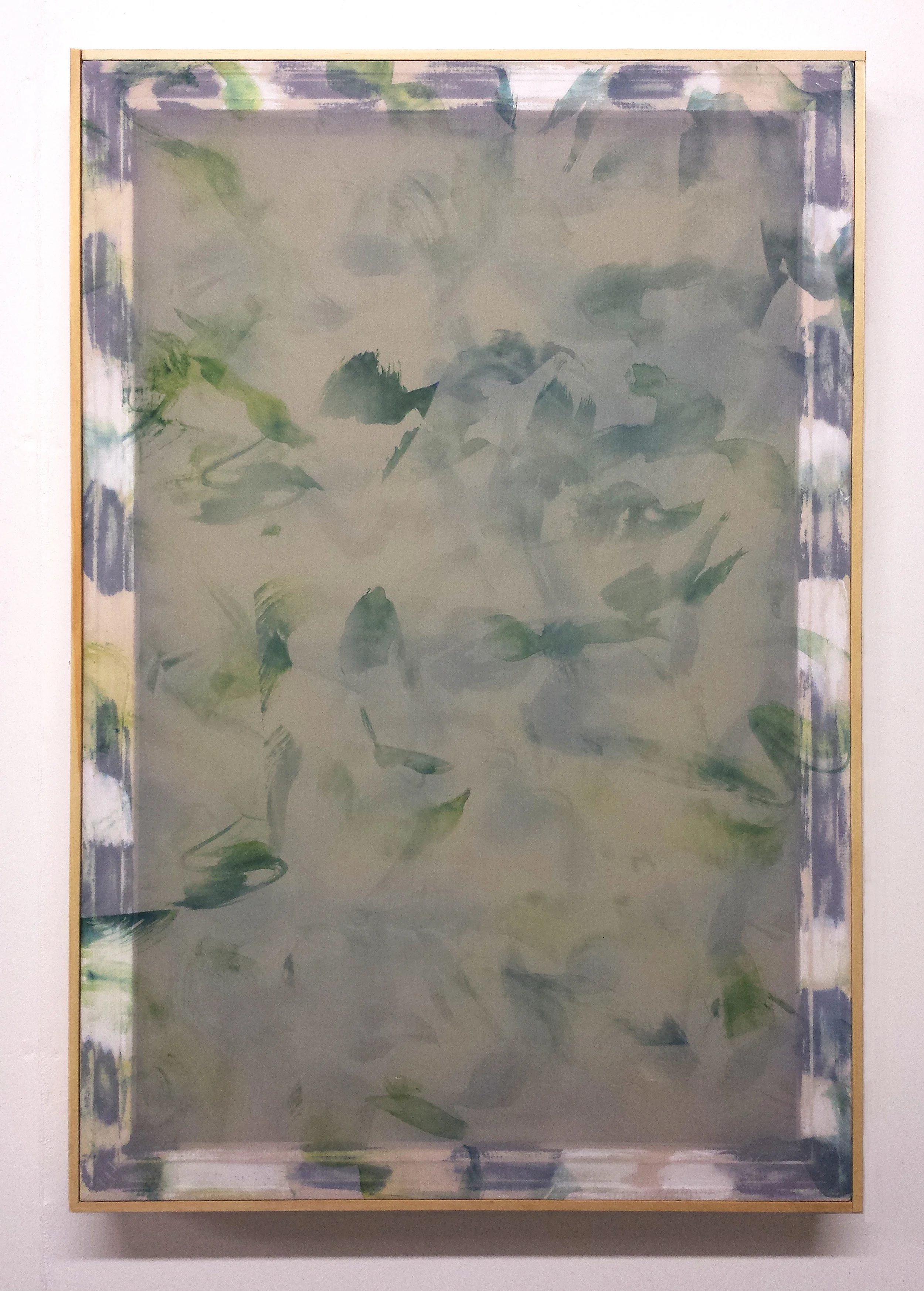 SARAH SANDS PHILLIPS Veiling, Veiling , 2014. Fabric dye on two layers of polyester fabric, acrylic paint, artist frame, 36 x 24 x 1.5 inches.