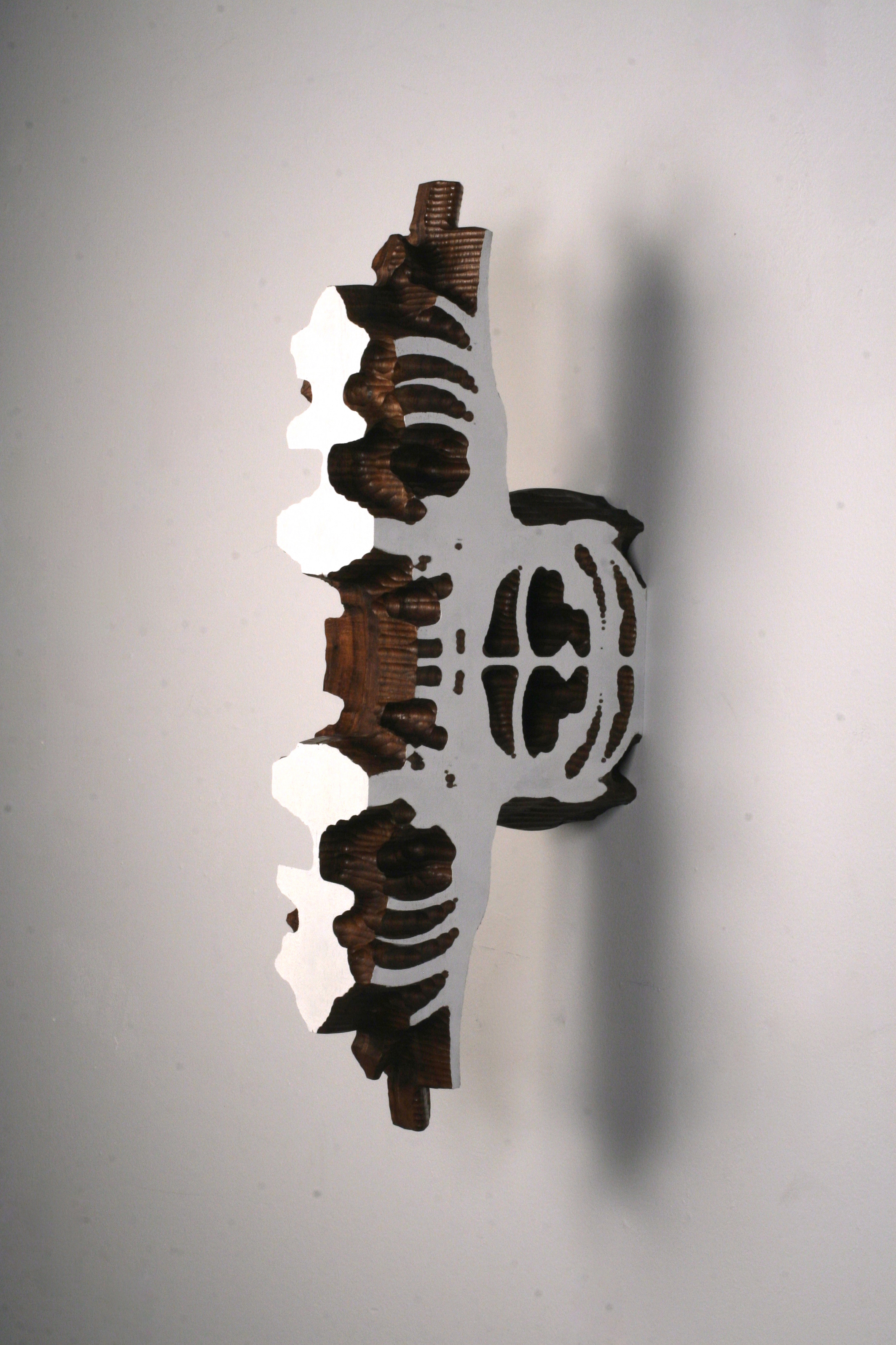 BREANNA SHANAHAN Black J , 2014. Walnut wood, paint, hanging fixture, 16 x 3.75 x 15 inches.