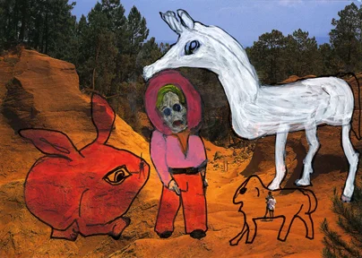 GABRIELLE DE MONTMOLLIN Roussillon , 2010. Mixed media on postcard, 4 x 6 inches.