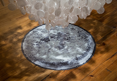 Shiver (detail 1), 2015 104" x 56" x 56" Petri dishes, grown salt crystals, wool, fishing wire, vinyl print, pipette tips, wire Photo by David Williams