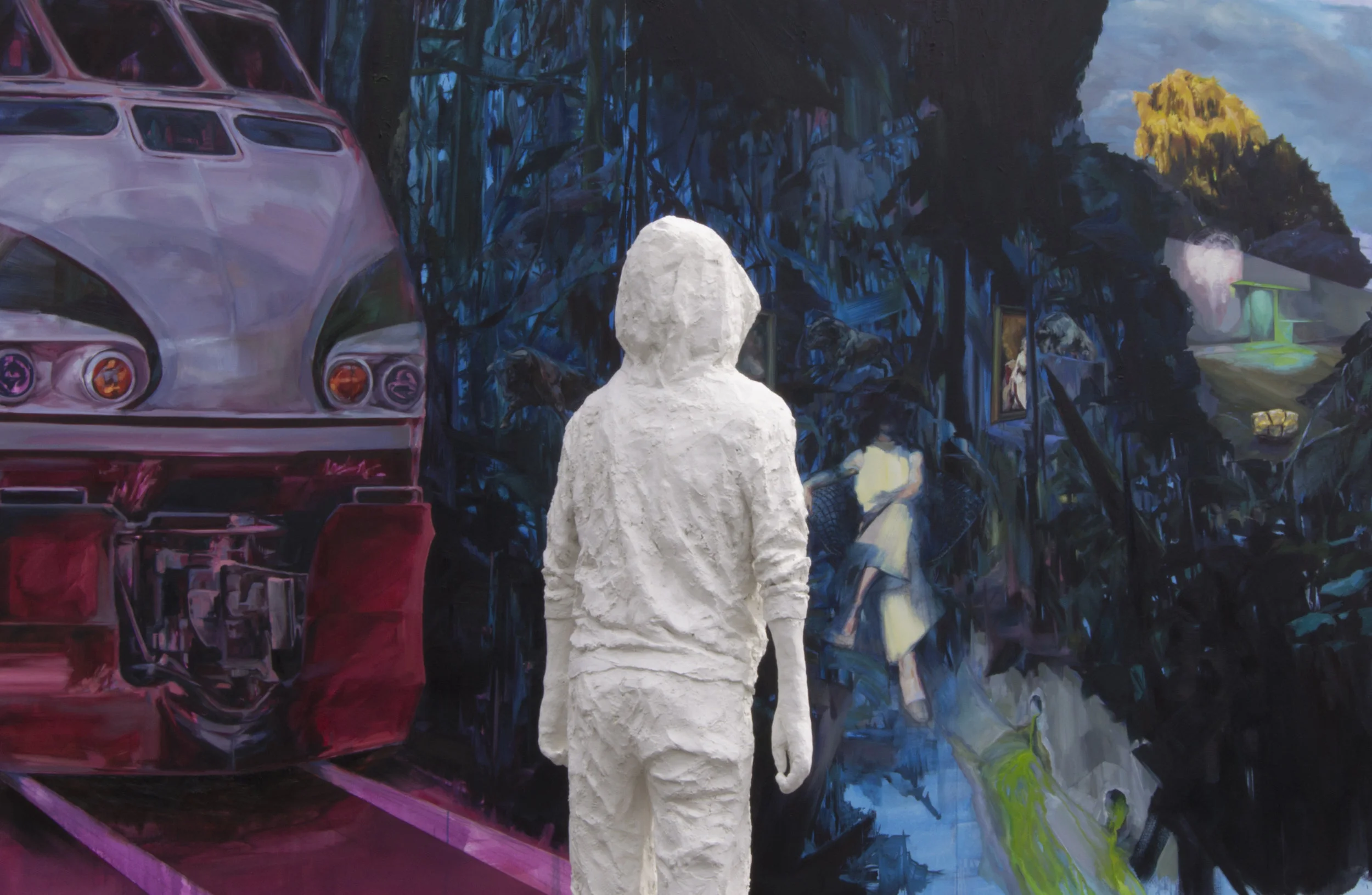 You may be a winner installation detail . approximate dimensions 102 x 132 inches Mixed media painting and sculpture. 2016