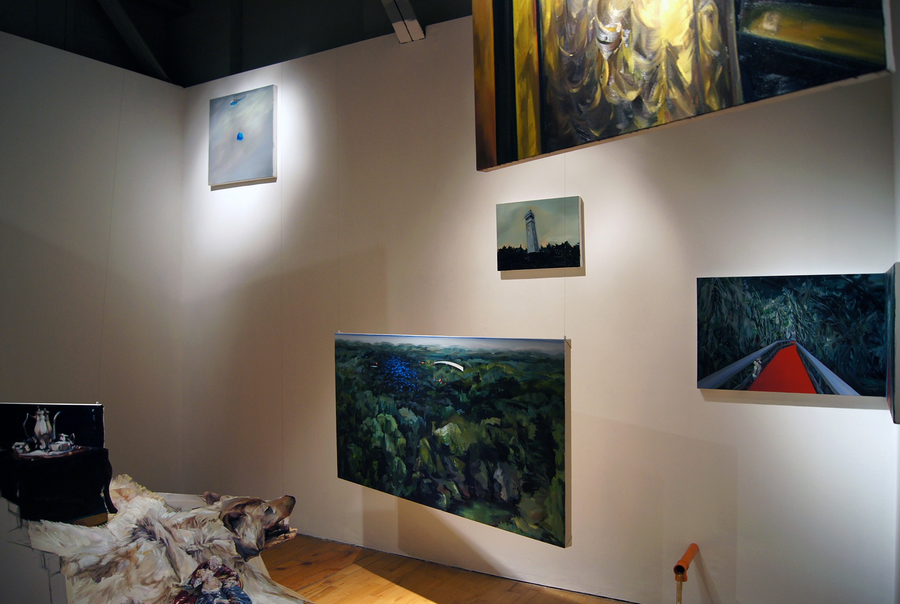We found ourselves within a dark forest - installation detail, 2015 Oil & acrylic on canvas, Mylar, Masonite, digital print on MDF, ABS pipe