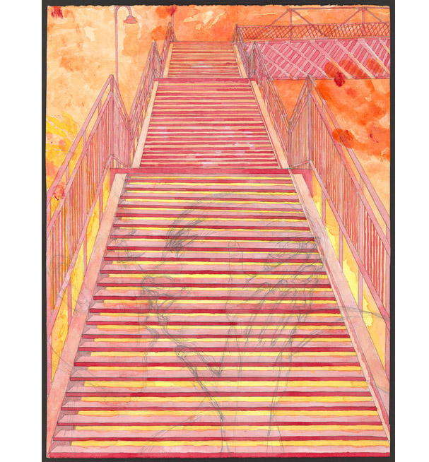 The Red Steps: Love and a Fear of Heights, 2013 Graphite and gouache on paper 25" x 19"