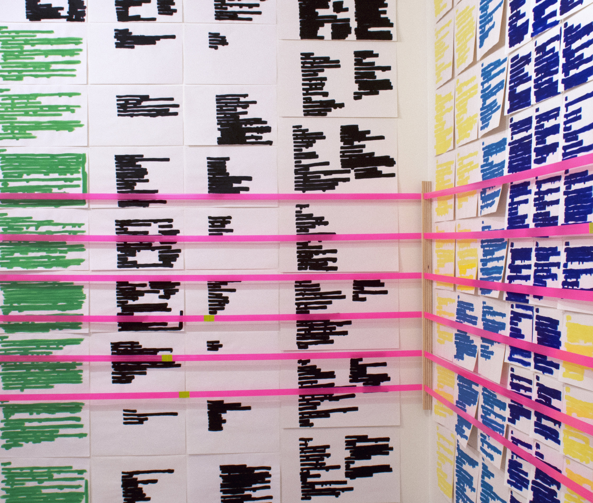 Room for Unknowing Marker, acrylic paint, gouache, vinyl tape, flagging tape, wood Individual Drawings: varying dimensions from 8.5”x11’ to 13”x24”. Installation dimensions vary from site to site.