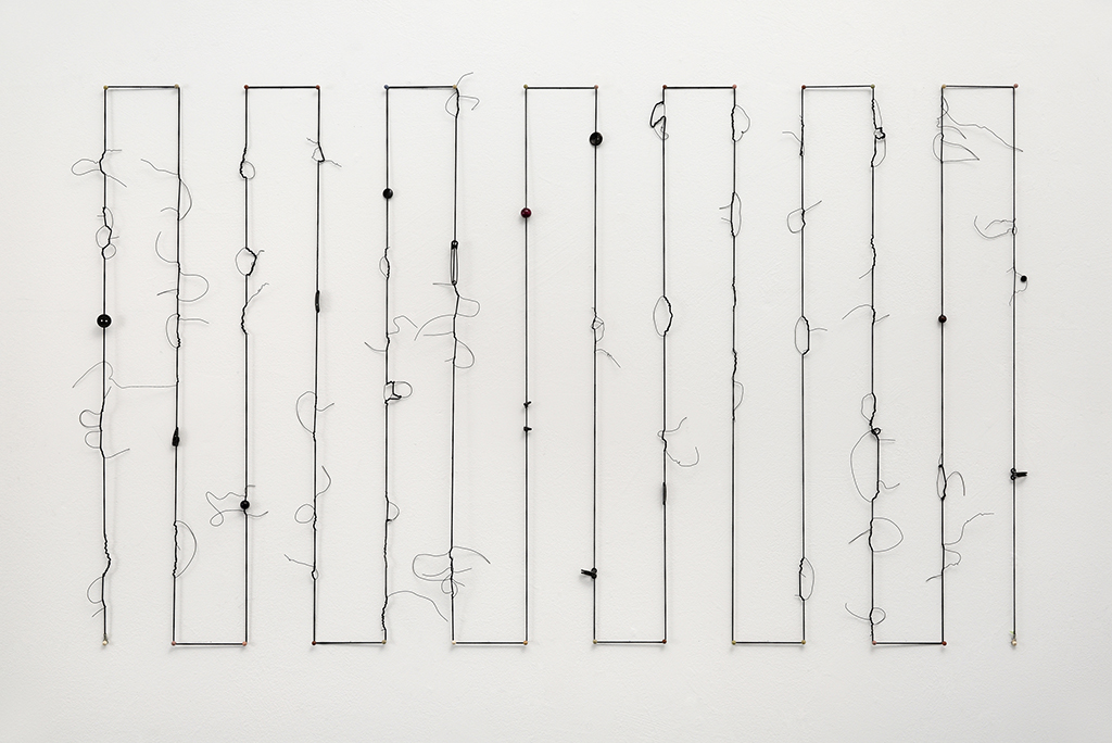 Timeline 2, 2017 Mixed Media, elastic cord, wire 49”w x 24”h x ½” d (Variable sizes)