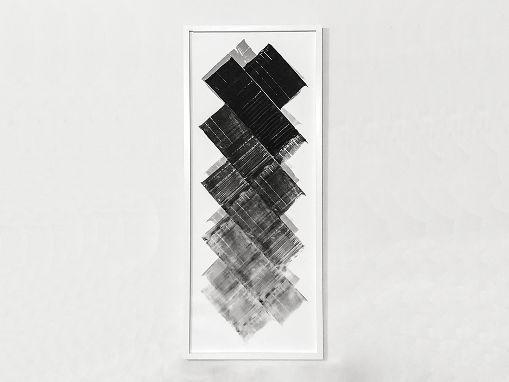 Foggy mountainscape , 2018 Ink transfer on vellum and foam with engraved linoleum print roller 18" x 43"