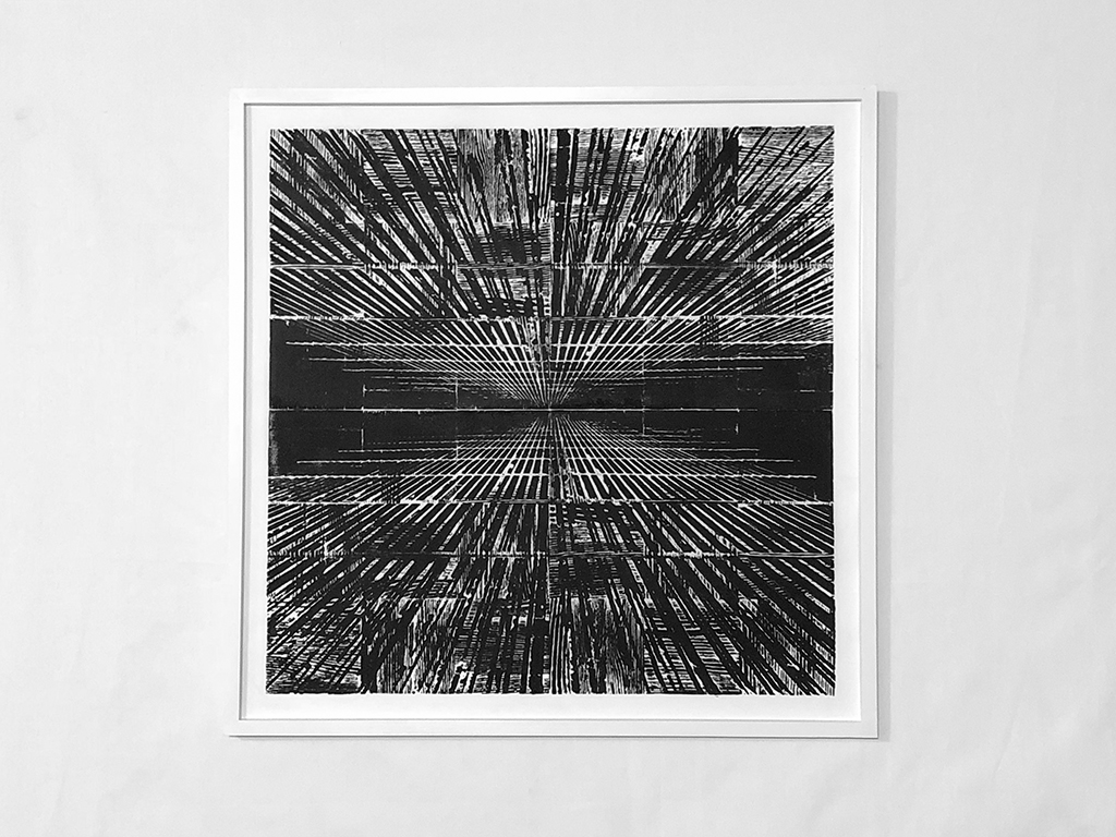 Dreams of falling through a building too tall , 2018 Ink transfer on vellum with engraved parquet floor tile woodblock 32.5" x 32.5"