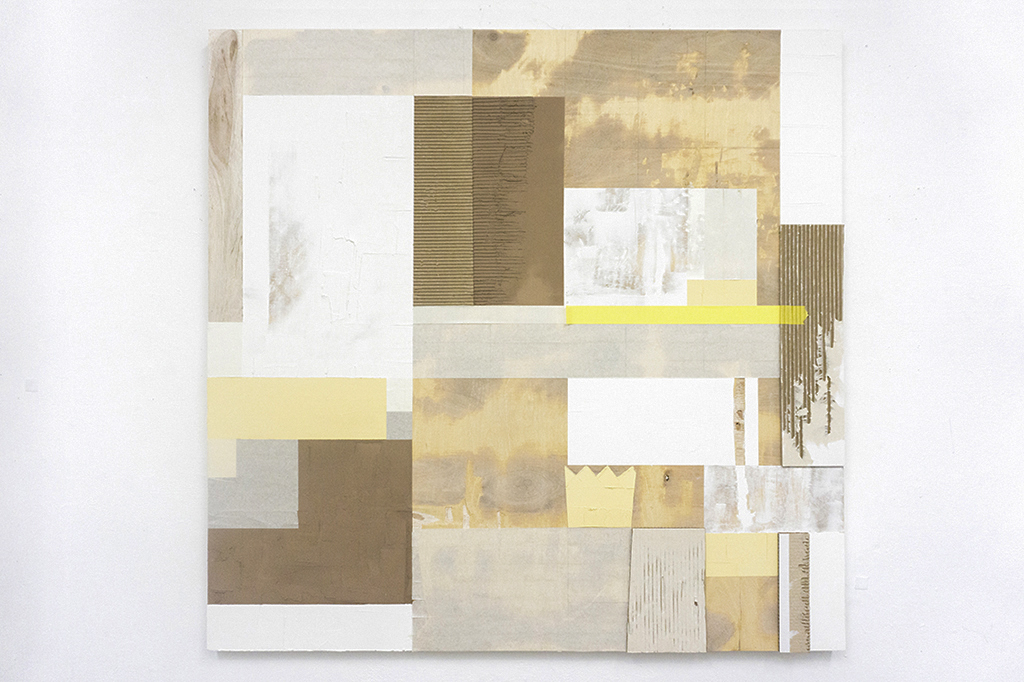 Textural study I , 2017 Wood filler, drywall compound, cardboard and painter's tape on wood panel 40" x 40"