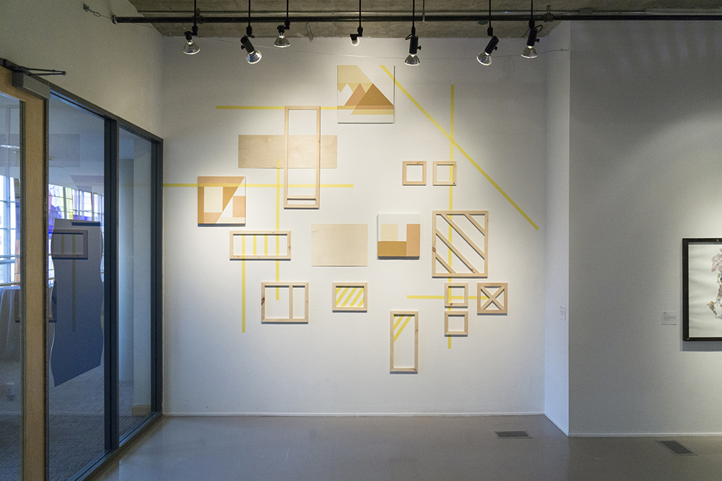   How to build to then take down  (Wall Installation), 2016 - 2018   Wood filler, drywall compound, pine frames and painter's tape 10' x 12' 