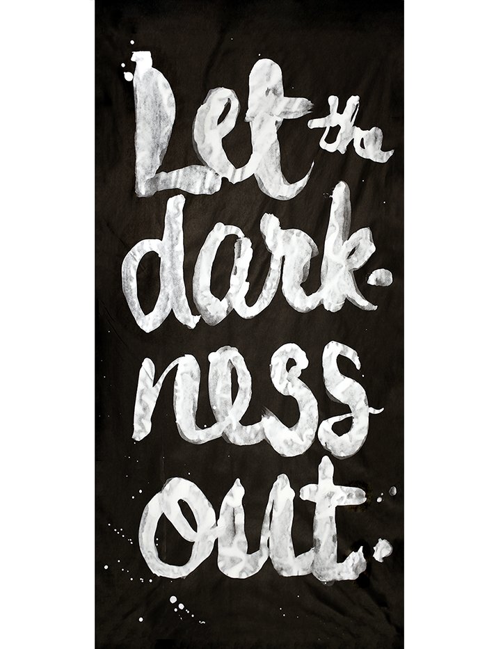   Let the Darkness Out  Film-based transfer print on Chinese mulberry paper and non-woven fusible interfacing; acrylic; oak dowels 87" x 38" 