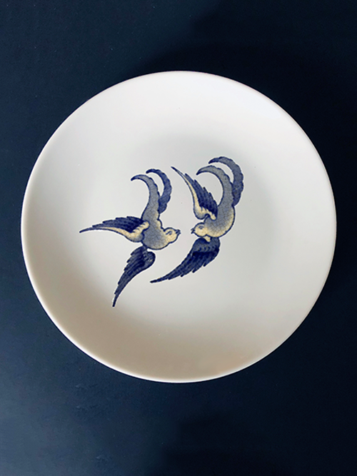   Blue Willow Bird 1 , 2019 Custom ceramic decal on a ceramic plate 6” x 6” x 6” 