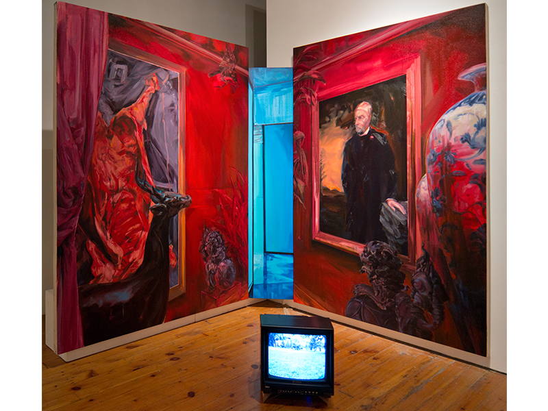  Installation view of  You can only get there from here - A momentary decision of monumental significance  (triptych) ,  2013. Oil and acrylic on stretched canvas, and video on CRT TV 78" x 66", 72" x 16", 78" x 54" 
