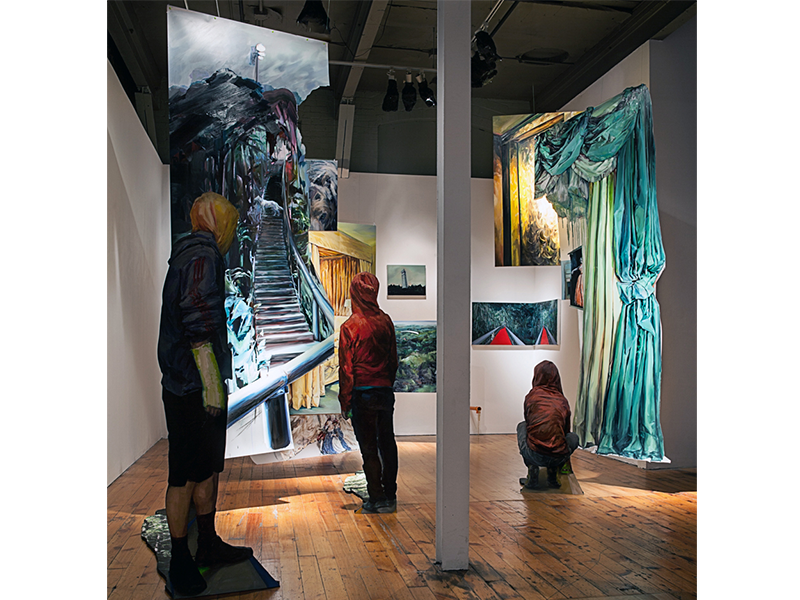  Installation view of  We found ourselves within a dark forest , 2015. Oil and acrylic on canvas, Mylar, Masonite, digital print on MDF, and ABS pipe. 