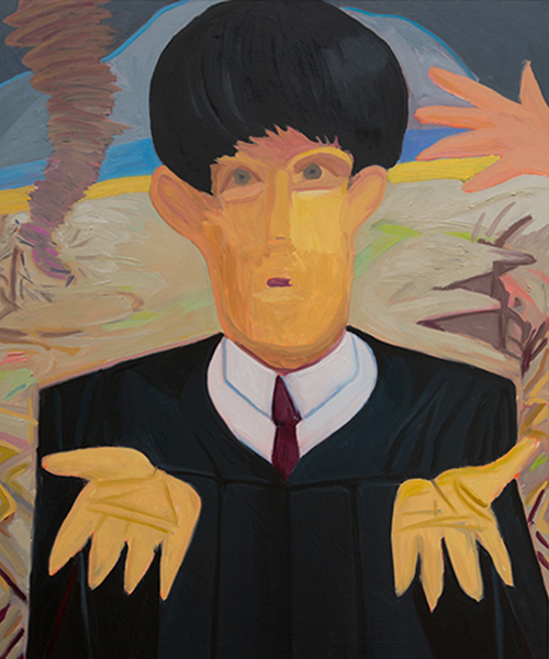   Judge Shrug, (Help!) , 2019 Oil on wood 25.5” x 21.5”  On a fictional plain undergoing catastrophe, a beatle-esque figure in judge’s robes raises open hands, feigning blamelessness. A tiny mouth offers no further clarity or opinion. 