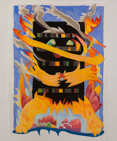   Apartment Arsonist , 2019 Chalk pastel on cotton rag paper 44” x 30.5”  Inspired by the horrific and tragic 2017 Grenfell tower fire in London, this work features a figure with limbs of fire and a body of a blackened apartment building, surrounded 